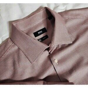 Boss Hugo Boss Dress Shirt Men 43/17 Long Sleeve Travel Slim Fit Red Herringbone